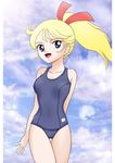  1girl blonde_hair blue_eyes clouds kamikita_keiko muteki_choujin_zambot_3 one-piece_swimsuit shijou_yukimasa solo swimsuit 