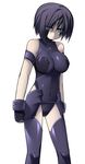  bare_shoulders black_hair blue_eyes covered_navel covered_nipples eyes_visible_through_hair gloves hunched_over impossible_clothes katami_shinta leotard looking_at_viewer original pale_skin parted_lips short_hair skin_tight solo thighhighs 