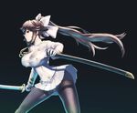  aiguillette ass_visible_through_thighs azur_lane bangs black_background black_legwear bow breasts brown_eyes brown_hair closed_mouth double-breasted fighting_stance gloves hair_bow highres holding holding_sword holding_weapon itaco1987 katana large_breasts legs_apart long_hair long_sleeves looking_at_viewer military military_uniform miniskirt panties panties_under_pantyhose pantyhose pantyshot pantyshot_(standing) pleated_skirt ponytail profile sheath simple_background skirt solo standing sword takao_(azur_lane) thighband_pantyhose underwear uniform unsheathed very_long_hair weapon white_bow white_gloves white_panties 