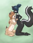  2017 anthro black_fur black_nose breasts brown_fur brown_hair duo ear_piercing erect_nipples eyes_closed female female/female flat_chested fluffy fluffy_tail fur green_background green_hair hair hyena interspecies kneeling mammal nipple_bite nipples nude open_mouth piercing pink_nose risingdragon simple_background skunk spots spotted_fur tasmin_(natani) veronica_(natani) young 