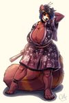  anthro big_breasts blue_eyes breasts chinese_clothing chinese_dress cleavage clothed clothing dress female fur hair mammal mia_(talash) multicolored_hair neozcommish one_eye_closed red_panda simple_background solo white_background wink 