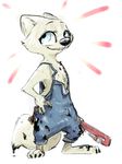  anthro arctic_fox blue_eyes canine clothing disney female fox fur grin mammal messy nobby_(artist) oil overalls skye_(zootopia) smile solo tools wardrobe_malfunction white_fur wrench zootopia 