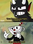  animate_inanimate comic cup cuphead_(character) cuphead_(game) demon english_text fist_of_the_north_star horn humanoid kemulkebul long_nose not_furry object_head parody text the_devil_(cuphead) 