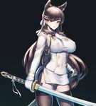  aiguillette animal_ears atago_(azur_lane) azur_lane black_background black_legwear breasts brown_eyes brown_hair cowboy_shot double-breasted extra_ears gloves hair_ribbon highres holding holding_sword holding_weapon itaco1987 katana large_breasts legs_apart long_hair long_sleeves looking_at_viewer miniskirt mole mole_under_eye panties pantyshot pantyshot_(standing) parted_lips ribbon simple_background skirt smile solo standing sword thighhighs tsurime underwear unsheathed upskirt very_long_hair weapon white_gloves white_panties white_ribbon white_skirt 