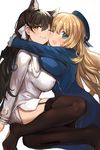  ;) ;d animal_ears artist_name atago_(azur_lane) atago_(kantai_collection) azur_lane bangs beret black_gloves blonde_hair blue_hat blush breast_press breasts brown_hair cheek-to-cheek closed_mouth commentary_request crossover double-breasted garter_straps gloves gold_trim green_eyes hair_ribbon hat highres hug kantai_collection kneeling large_breasts long_sleeves looking_at_viewer military military_uniform miniskirt mole mole_under_eye multiple_girls namesake no_shoes one_eye_closed open_mouth pantyhose ribbon simple_background skirt smile tareme thighhighs uniform white_background white_ribbon wumumu yuri zettai_ryouiki 