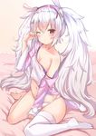  animal_ears azur_lane bangs bare_shoulders bed_sheet blush bunny_ears camisole collarbone hairband highres laffey_(azur_lane) long_hair long_sleeves looking_at_viewer navel one_eye_closed panties pillow red_eyes single_thighhigh sitting solo strap_slip thighhighs twintails underwear wariza white_hair white_legwear white_panties yukishiro_arute 