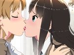  2girls animated animated_gif blue_eyes brown_hair kabe_ni_hamatte_ugokenai!_3 kissing multiple_girls school_uniform stuck through_wall yuri 