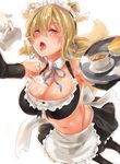  apron armpits bare_shoulders black_skirt blonde_hair blush breasts cake cheesecake cleavage commentary cowboy_shot denizen_tomo detached_collar elbow_gloves food gloves hair_between_eyes highleg highleg_panties highres large_breasts leaning_forward long_hair looking_at_viewer low_twintails maid maid_headdress milk navel neck_ribbon open_mouth original panties ribbon sexually_suggestive skirt solo spilling stomach sweat tea tongue tongue_out tray twintails underwear waist_apron yellow_eyes 