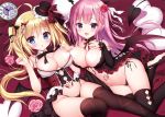  2girls :d ahoge argyle_cutout bangs bare_shoulders black_babydoll black_hat black_legwear black_neckwear black_panties black_ribbon blonde_hair blue_eyes blush bra breast_press breasts censored chestnut_mouth cleavage clock commentary_request crescent crescent_hair_ornament demon_girl demon_tail demon_wings detached_collar detached_sleeves eyebrows_visible_through_hair fang flower frills futaba_miwa groin hair_flower hair_ornament hair_ribbon hands_up hat hat_ribbon head_wings heart heart_censor heart_pillow heart_tattoo highleg highleg_panties large_breasts long_hair long_sleeves looking_at_viewer lying mini_hat multiple_girls navel neck_ribbon on_back open_mouth original panties parted_lips pillow pink_flower pink_hair pink_rose purple_eyes red_neckwear ribbon rose shadow short_sleeves side-by-side side-tie_panties sidelocks smile star star_hair_ornament stirrup_legwear stomach striped striped_ribbon symmetrical_docking tail tattoo thighhighs toeless_legwear twintails underbust underwear very_long_hair white_bra white_ribbon wings 