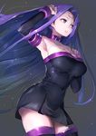  arm_up armpits bare_shoulders breasts collar collarbone commentary covered_navel dress elbow_gloves facial_mark fate/stay_night fate_(series) forehead_mark gloves grey_background highres large_breasts long_hair looking_away parted_lips purple_eyes purple_hair rider short_dress simple_background solo strapless strapless_dress taishi_(picchiridou) thighhighs very_long_hair zettai_ryouiki 