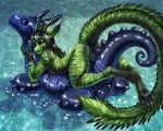  2017 anthro anus black_hair blue_eyes breasts butt dragon female fur furred_dragon green_eyes green_fur green_hair hair horn looking_at_viewer lying nude on_front pool_toy pussy pussy_juice raised_tail sabretoothed_ermine side_boob solo swimming_pool water 