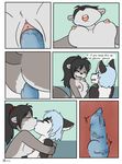  2016 age_difference anthro black_fur black_hair black_nose blue_hair blue_nose blue_penis blush breasts canine clitoris comic dialogue dimitri_(xelaaredn) dog duo english_text female fiona_(artist) fur grey_fur hair husky internal kissing knot low-angle_view male male/female mammal nipples nude open_mouth penetration penis procyonid pussy pussy_juice raccoon sex tawney text urethra vaginal vaginal_penetration white_fur young 
