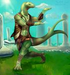  3_toes anthro armwear belt cannoncrasher clothing foot_wraps forked_tail hi_res jewelry khaleel loincloth male martial_arts muscular muscular_male necklace outside reptile ring scalie snake solo toes vest wraps yellow_sclera 