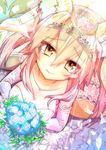  absurdres animal_ear_fluff animal_ears bouquet breasts bridal_veil bride cleavage collarbone dress fate/extra fate_(series) flower fox_ears gloves happy_tears highres large_breasts looking_at_viewer looking_up pink_hair solo tamamo_(fate)_(all) tamamo_no_mae_(fate) tears tiara veil wedding wedding_dress white_dress wisespeak yellow_eyes 