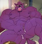  2017 abs anal anal_fingering anthro bernard_(ok_k.o.!_lbh) biceps big_muscles canine cartoon_network claws cum digital_media_(artwork) fangs fingering fur hi_res inside looking_at_viewer looking_pleasured lying male mammal masturbation muscular nipples nude ok_k.o.!_let&#039;s_be_heroes on_back pecs penile_masturbation purple_fur saliva solo sweat thymilph tongue tongue_out tuft were werewolf 