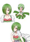  1girl artist_request between_legs blush bow breasts chibi cleavage collarbone corset covering_crotch dress earring eyebrows_visible_through_hair finger_to_mouth full_body gardevoir green_hair hair_over_one_eye hand_between_legs hand_to_own_mouth hand_up hands_together heart_earrings jpeg_artifacts leaning_forward looking_at_viewer medium_breasts multiple_views open_mouth personification pointy_ears pokemon pokemon_rse red_eyes red_footwear shoes short_hair short_sleeves simple_background smile solo sweat upper_body v_arms white_background white_bow white_dress 