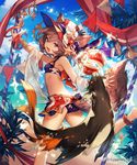  :d animal animal_ears anklet armlet beach bikini blue_bikini blue_sky bracelet breasts brown_hair eyebrows_visible_through_hair fang hair_between_eyes hair_ornament highres jewelry lee_hyeseung leg_up looking_at_viewer ocean open_mouth outdoors purple_eyes shingeki_no_bahamut short_hair sky small_breasts smile solo standing striped_hat swimsuit tail wolf_ears wolf_tail 