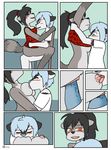  2016 age_difference anthro assisted_exposure black_fur black_hair black_nose blue_eyes blue_hair blue_nose blue_penis blush bottomless breasts canine clothed clothing comic dimitri_(xelaaredn) dog duo eyes_closed female fiona_(artist) fur grey_fur hair husky male male/female mammal nipple_bulge nipple_suck nipples nude open_mouth penetration penis procyonid pussy pussy_juice raccoon saliva sex sucking tawney vaginal vaginal_penetration white_fur young 