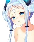  bangs blue_eyes blue_hair blush collarbone commentary_request copyright_request eyebrows_visible_through_hair facial_mark half-closed_eyes horns long_hair looking_at_viewer nude shouni_(sato3) sidelocks simple_background solo tareme white_background 