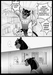  angry anthro black_and_white clothed clothing comic dialogue disney english_text feline hi_res lagomorph male mammal monochrome mustelid panther procyonid raccoon rem289 solo sweat text toy weasel zootopia 