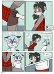  2016 anthro black_fur black_hair black_nose blue_eyes blue_hair blue_nose blush breasts bulge butt canine clothed clothing comic dialogue dimitri_(xelaaredn) dog english_text erection female fiona_(artist) fur grey_fur hair husky licking licking_lips looking_back male male/female mammal procyonid raccoon tawney text tongue tongue_out white_fur 