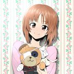  bandages bangs boko_(girls_und_panzer) brown_eyes brown_hair cast casual closed_mouth eyepatch floral_background girls_und_panzer holding holding_stuffed_animal kuromorimine_military_uniform long_sleeves looking_at_viewer military military_uniform nakahira_guy nishizumi_miho pink_shirt shirt short_hair smile solo stuffed_animal stuffed_toy teddy_bear uniform upper_body wallpaper_(object) 
