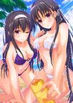  bikini black_hair blush braid breasts cleavage diffraction_spikes hairband highres horikita_suzune hoshimaemi kasumigaoka_utaha large_breasts long_hair looking_at_viewer lotion multiple_girls navel o-ring o-ring_top one_eye_closed purple_bikini red_eyes saenai_heroine_no_sodatekata side-tie_bikini sunscreen swimsuit white_bikini youkoso_jitsuryoku_shijou_shugi_no_kyoushitsu_e 