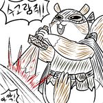  ambiguous_gender anthro armello blood cape clothing dialogue korean_text limebanax2 mammal mask melee_weapon open_mouth rodent speech_bubble squirrel stab sword text translation_request twiss_(armello) weapon 