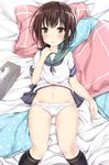  ass_visible_through_thighs bed bed_sheet black_hair black_legwear fubuki_(kantai_collection) green_eyes green_hair heart heart-shaped_pupils highres jewelry kantai_collection kneehighs looking_at_viewer lying navel no_pants panties parted_lips pikacchi pillow ring school_uniform serafuku skirt skirt_removed solo symbol-shaped_pupils tissue tissue_box underwear wedding_band white_panties 