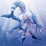  2017 anthro anus aquatic_dragon areola big_breasts blue_body blue_eyes blush breasts bubble butt countershading dragon erect_nipples female fin kemono looking_at_viewer looking_back marine melonleaf navel nipples nude pussy rear_view smile solo swimming tail_fin underwater water webbed_feet 