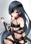  absurdres black_hair blush breasts eyepatch fate/grand_order fate_(series) fishnets highres long_hair looking_at_viewer mochizuki_chiyome_(fate/grand_order) nanakaku purple_eyes reverse_grip small_breasts smile snakeskin_print solo very_long_hair 