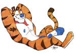  2017 anthro blue_nose clothing digital_media_(artwork) feline frosted_flakes fur kellogg&#039;s kihu lying male mammal mascot muscular nipples nude on_back pecs penis simple_background smile solo striped_fur stripes tiger tony_the_tiger white_fur 