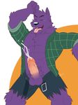  2017 abs anthro belt bernard_(ok_k.o.!_lbh) biceps big_muscles canine cartoon_network chest_tuft clothed clothing cum cumshot ejaculation eyes_closed fur greydaboy hands-free hi_res male mammal muscular ok_k.o.!_let&#039;s_be_heroes open_shirt orgasm pecs penis purple_fur shirt solo tongue tuft vein veiny_penis were werewolf wolf 
