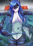  2017 anthro athletic big_breasts blue_eyes blue_hair blue_stripes breasts convenient_censorship fangs female fin fish hair hair_covering_breasts inside long_hair looking_at_viewer marine multicolored_skin non-mammal_breasts nude partially_submerged piercing rondonu shark sign solo standing stripes swimming_pool water 