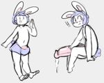  angstrom balls big_balls big_penis blush bulge clothed clothing hyper hyper_penis lagomorph looking_back male mammal marco_(angstrom) open_mouth penis precum rabbit simple_background sitting solo underwear 