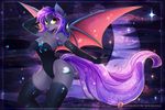  2017 5_figners anthro bat_pony breasts clothed clothing cutie_mark digital_media_(artwork) equine fan_character female fur grey_fur hair hi_res koveliana mammal membranous_wings my_little_pony purple_hair rubber solo wide_hips wings yellow_eyes 