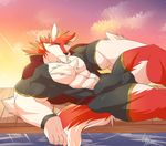  2017 5_fingers abs absurd_res anthro biceps big_biceps big_muscles big_pecs canine clothing daikitei digital_media_(artwork) fur hi_res looking_at_viewer male mammal muscular muscular_male pecs red_fur solo wolf 