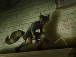  2017 anthro boots clothed clothing crook detailed flat_cap footwear fur gloves grey_fur hat hi_res holding_object inside lofi looking_aside male mammal mask_(marking) procyonid raccoon side_view sly_cooper sly_cooper_(series) solo striped_tail stripes thigh_pouch tunic video_games walking 