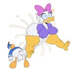  2017 anthro avian balls beak big_breasts bird bottomless breasts clenched_teeth clothed clothing cum daisy_duck disney donald_duck duck duo female hi_res humor hyper hyper_penis male male/female meme nipple_bulge penis simple_background sssonic2 teeth thick_thighs what white_background wide_hips 