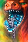  2017 absurd_res anal anthro anus balls digital_media_(artwork) dragon drooling duo eyes_closed fur hi_res huskyfog male male/male nude open_mouth oral_vore pillow saliva scalie simple_background size_difference sleeping teeth throat tongue tongue_out vore 