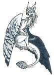  claws digital_media_(artwork) dragon feathered_wings feathers female feral hair hi_res horn membranous_wings minerea scalie simple_background smile solo western_dragon white_background white_hair wings 