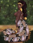  2017 areola black_skin breasts brown_hair brown_lips cheezayballz dark_skin female grey_skin hair lamia long_hair looking_at_viewer nipples nude orange_eyes outside pointy_ears reptile scalie smile snake solo tail_ring thick_lips 