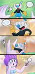  ! &lt;3 animate_inanimate blue_nose blush breasts cala_maria cleavage clothed clothing comic cuphead_(game) cute dialogue duo english_text eyes_closed female gloves hi_res humanoid karladraws14 larger_female male marine merfolk mugman not_furry_focus object_head size_difference smaller_male speech_bubble straw text 