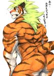  2017 anthro biceps big_muscles butt captainjohkid colored feline flakjacket0204 fur hair hi_res japanese_text looking_at_viewer looking_back male mammal muscular muscular_male nude presenting presenting_hindquarters rear_view red_eyes simple_background solo text tiger white_background 