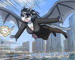  2017 anthro big_breasts black_hair breasts business_suit city cleavage clothed clothing coolish-kor dragon eyewear female flying hair handbag hi_res horn solo suit sunglasses sweat sweatdrop tears wings 