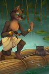  5_fingers anthro black_nose brown_fur canine clothed clothing detailed_background digital_media_(artwork) fur green_eyes male mammal minerea solo stanidng topless water wolf 