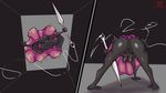  2017 abstract_background admadea anthro arthropod ass_up black_skin bottomless breasts butt clothed clothing comic edit falling female hi_res hollow_knight hollow_knight_(species) hornet_(hollow_knight) humanoid insect landing needle pussy solo 