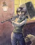  anthro bloodborne brown_hair cat clothed clothing detailed_background feline female green_eyes hair holding_object holding_weapon mammal ruaidri smile solo weapon 