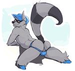  2017 absurd_res anthro anus arched_back balls bulge butt clothed clothing digital_media_(artwork) fur grey_fur haps hat hi_res jockstrap looking_at_viewer looking_back male mammal naughty_face perineum portrait presenting presenting_hindquarters procyonid raccoon raised_tail rear_view ringed_tail simple_background sly_cooper sly_cooper_(series) solo spread_legs spreading striped_fur stripes three-quarter_portrait topless underwear video_games 