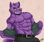  2017 abs anthro belt bernard_(ok_k.o.!_lbh) biceps big_muscles canine cartoon_network chest_tuft clothed clothing fur male mammal muscular naruever navel ok_k.o.!_let&#039;s_be_heroes open_shirt pants pecs purple_fur shirt solo teeth tuft were werewolf wolf 